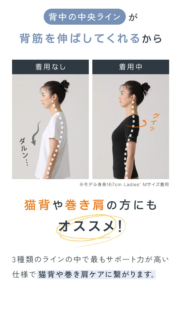 背中の中央ラインが背筋を伸ばしてくれるから猫背や巻き肩の方にもオススメ!