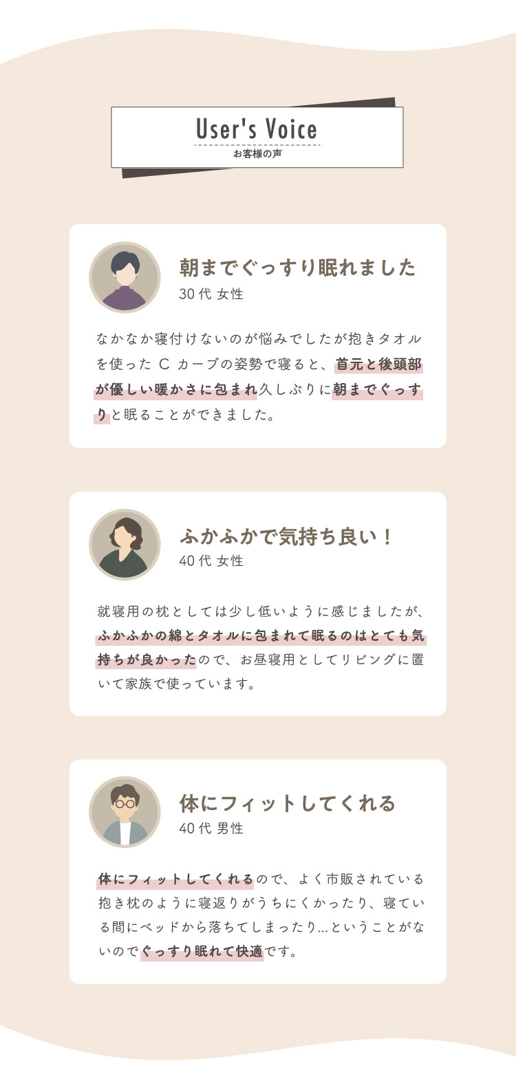 User's Voice 朝までぐっすり眠れました 30代 女性 ふかふかで気持ち良い! 40代 女性  体にフィットしてくれる 40代 男性