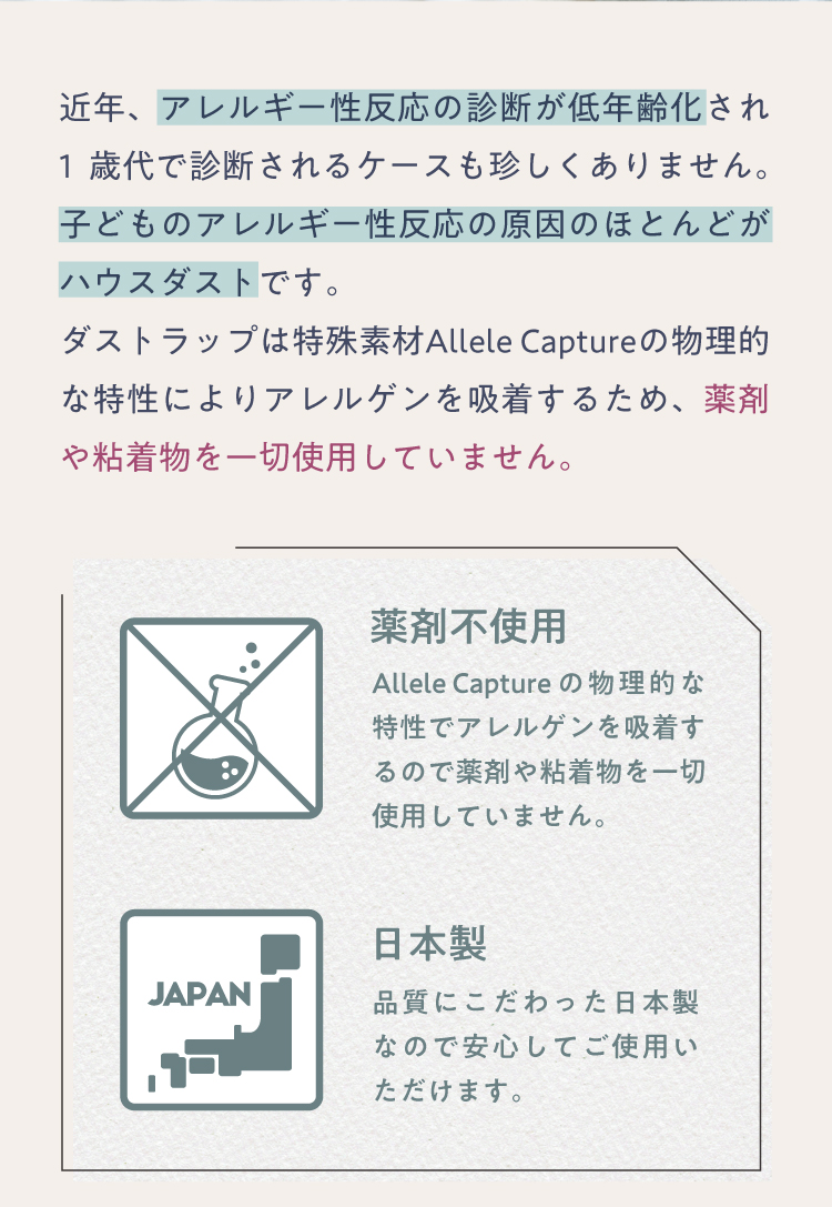 近年、アレルギー性反応の診断が低年齢化され、1歳代で診断されるケースも珍しくありません。子どものアレルギー性反応の原因のほとんどがハウスダストです。ダストラップは特殊素材AlleleCaptureの物理的な特性によりアレルゲンを吸着するため、薬剤や粘着物を一切使用していません。