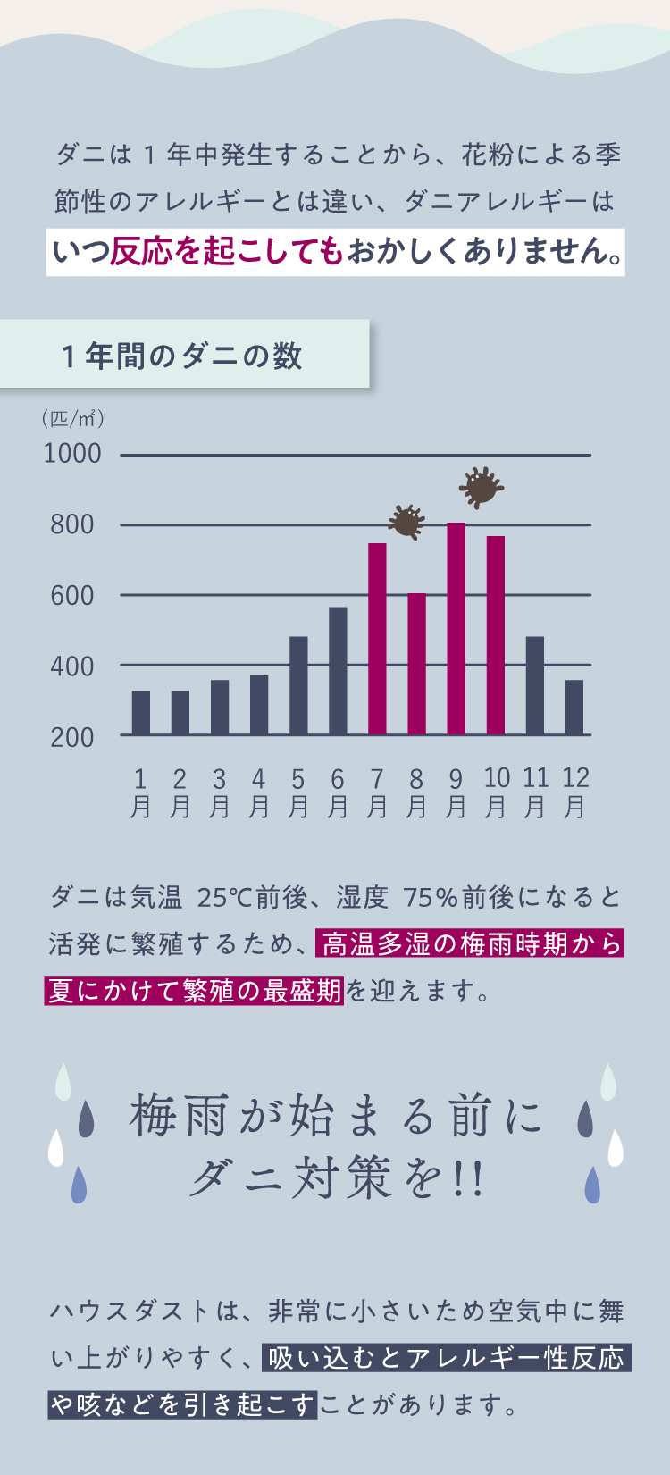 ダニは1年中発生することから、花粉による季節性のアレルギーとは違い、ダニアレルギーはいつ反応を起こしてもおかしくありません。