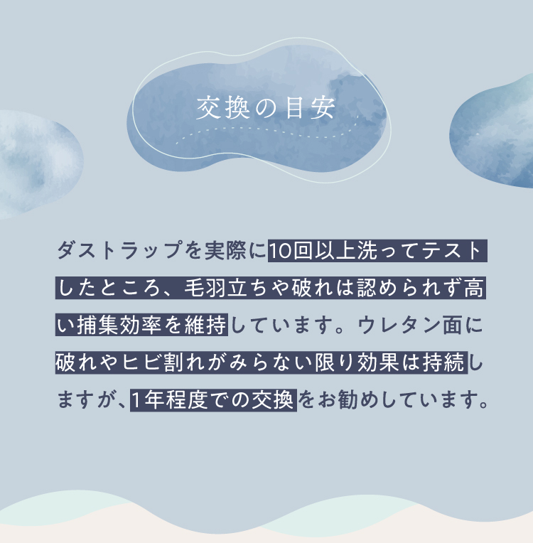 交換の目安 ダストラップを実際に10回以上洗ってテストしたところ、毛羽立ちゃ破れは認められず高い捕集効率を維持しています。ウレタン面に破れやヒビ割れがみらない限り効果は持続しますが、1年程度での交換をお勧めしています。