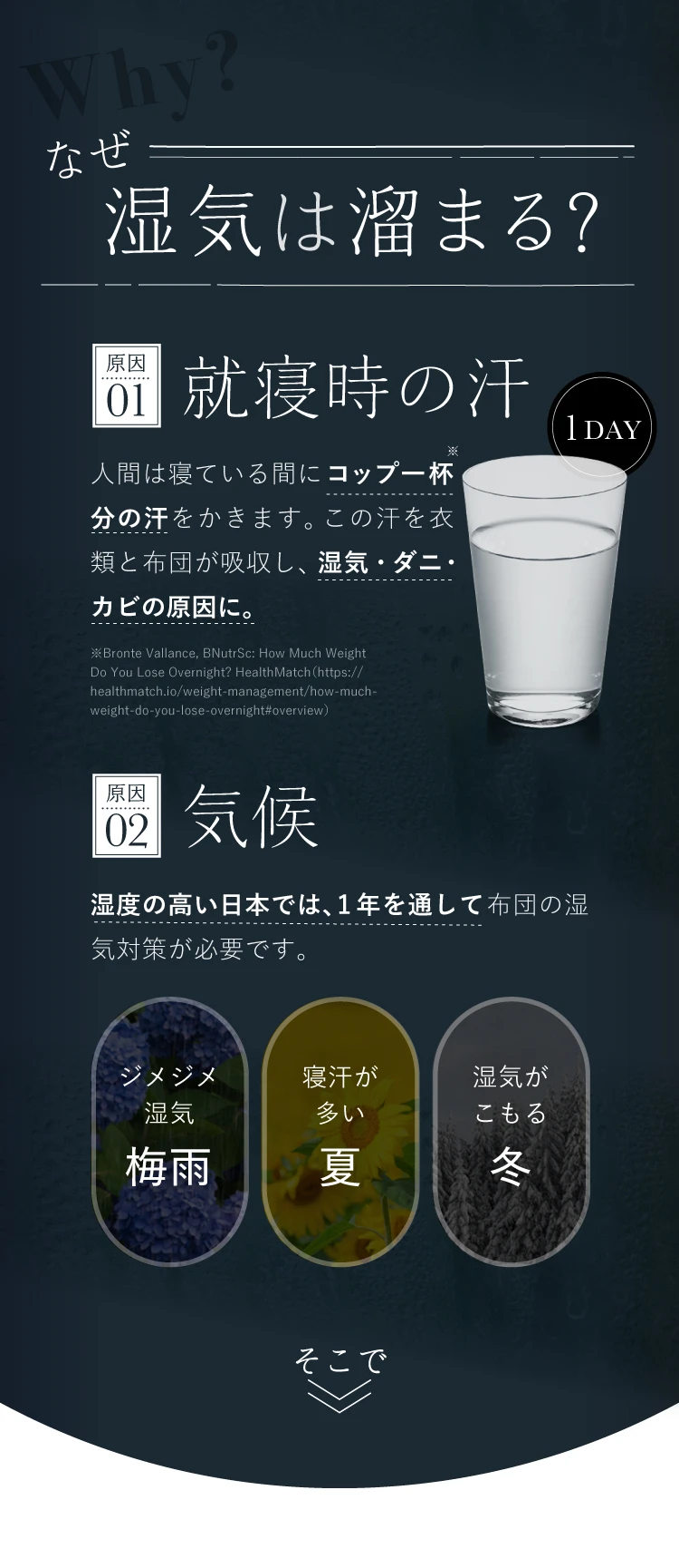 湿気が溜まる原因は、就寝時の汗と気候