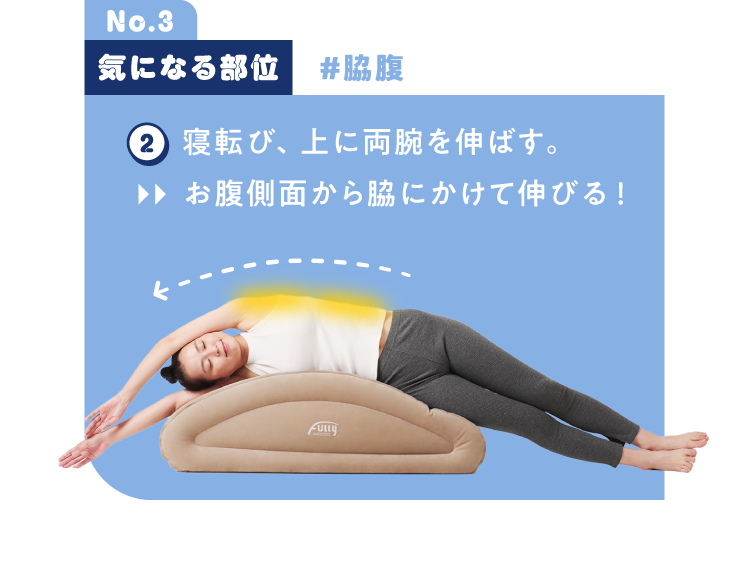 寝転び、上に両腕を伸ばす。お腹側面から脇にかけて伸びる！