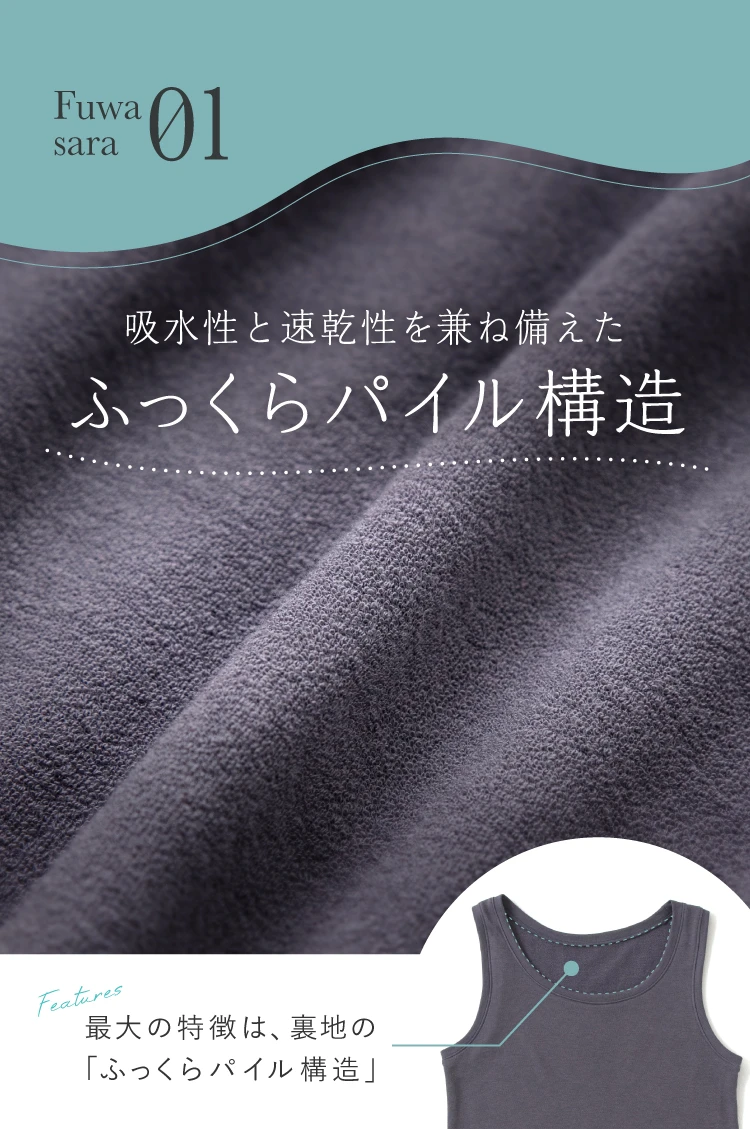 吸水性と速乾性を兼ね揃えた ふっくらパイル構造