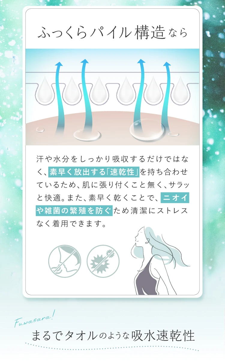 ふっくらパイル構造なら、汗や水分をしっかり吸水するだけでなく、素早く放出する速乾性を持ち合わせています。ニオイや雑菌の繁殖を防ぎます。