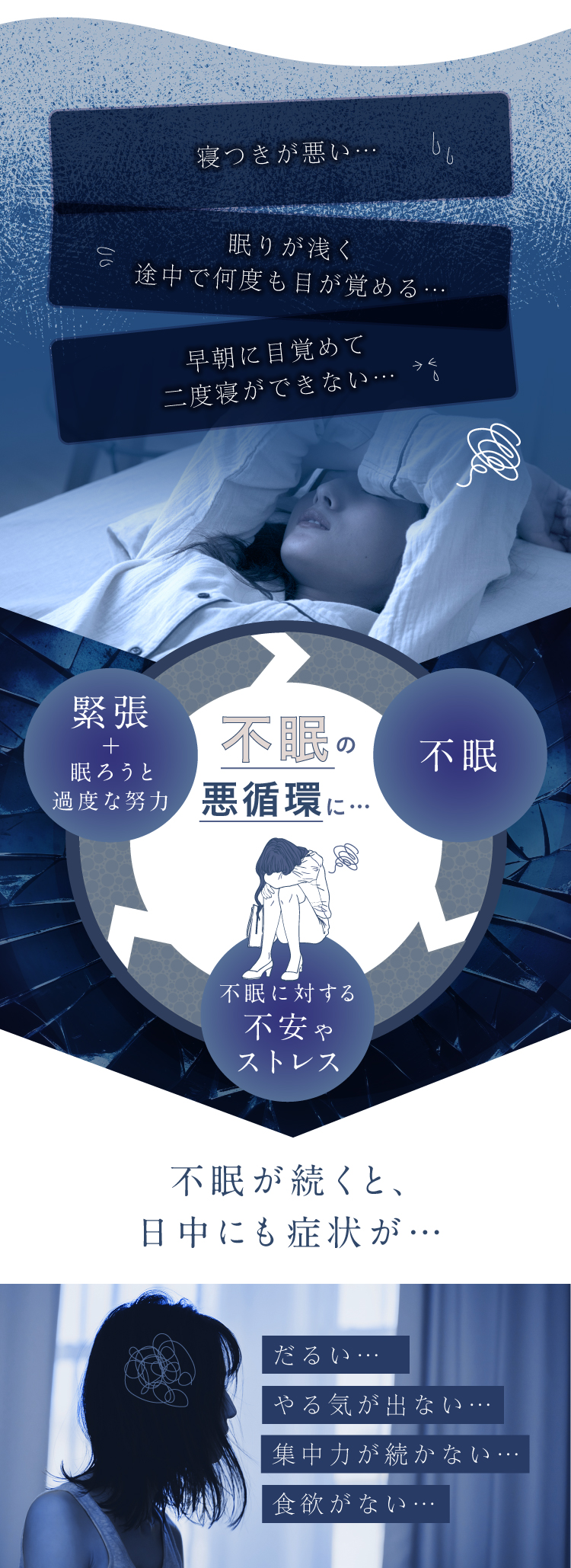 緊張+眠ろうと過度な努力 不眠 不眠に対する不安やストレス 不眠の悪循環に・・・