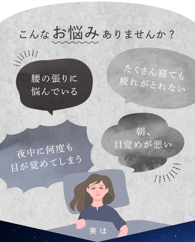 腰の張り…寝ても疲れがとれない…夜中に目が覚める…目覚めが悪い…こんなお悩みありませんか？