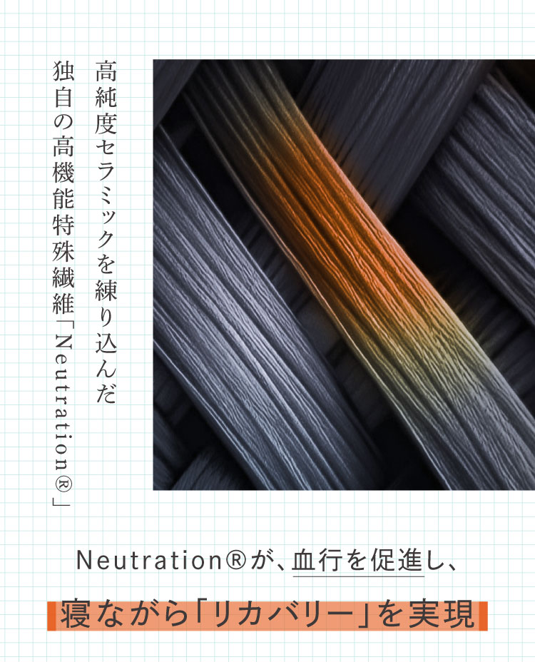 高純度セラミックを練り込んだ独自の高機能特殊繊維「Neutration®︎」血行を促進し、寝ながらリカバリーを実現