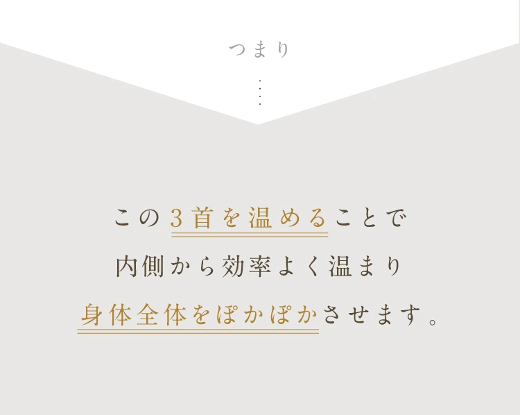 この3首を温めることで内側から効率よく温まり身体全身をぽかぽかさせます。