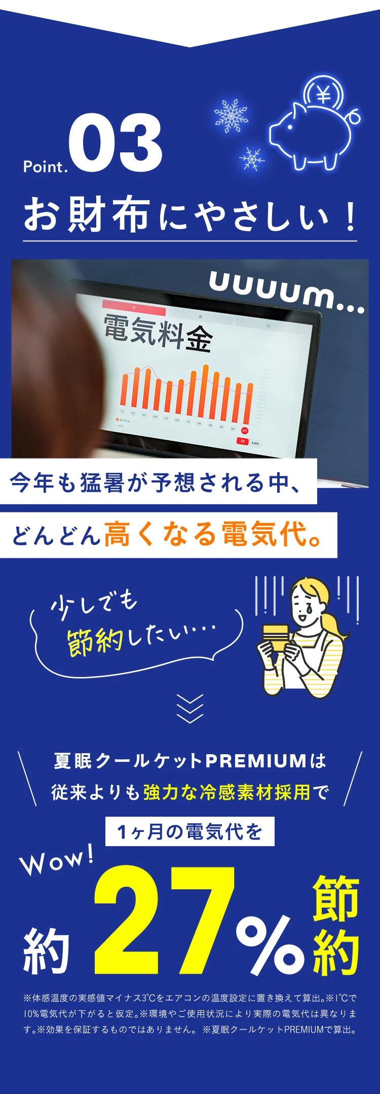 冷感素材を採用しているから、1か月の電気代を約27％節約