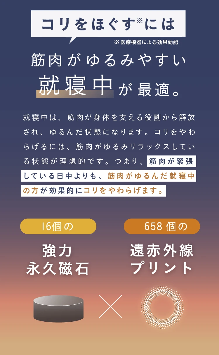 コリをほぐすには筋肉がゆるみやすい就寝中が最適。※医療機器による効果効能