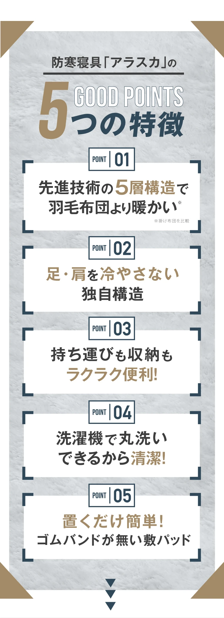 防寒寝具「アラスカ」の5つの特徴