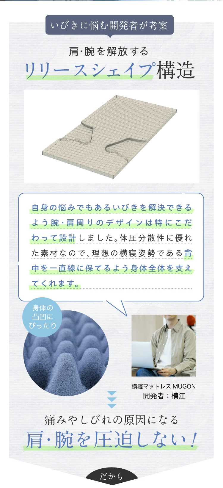 いびきに悩む開発者が考案 肩・腕を解放するリリースシェイプ構造